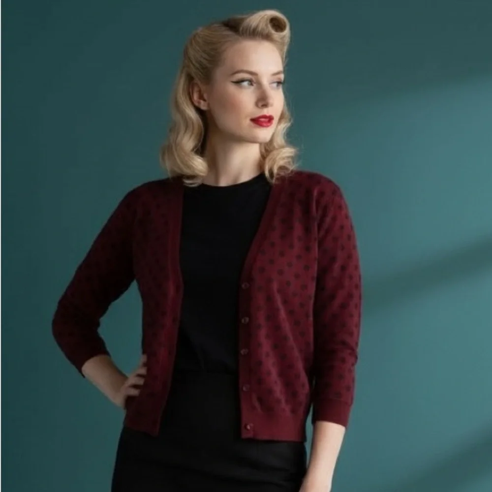 89th & Madison Polka Dot Cardigan, Burgundy/Black, Size XL, GUC - Picture 5 of 8